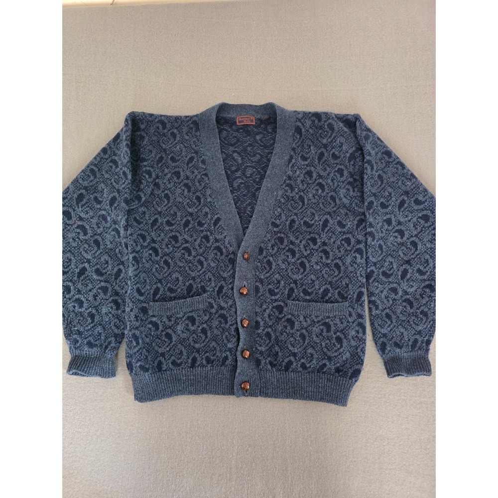 Vintage Hunting Horn Blue Shetland Wool Paisley Cardigan Sweater Mens Medium
